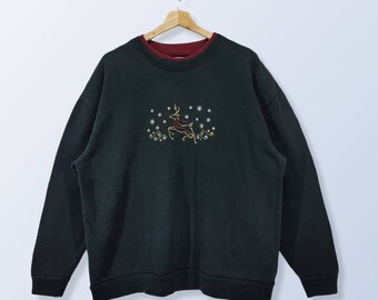 Reindeer Embroidery Printed Sweatshirt, Vintage Christmas Crewneck Sweater, Black Jumper Size XL