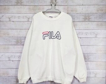 VINTAGE 90&#39;s FILA Pullover Sweatshirt FILA Streetwear Crewneck  Big Embroidery Logo White Men&#39;s Size Xtra Large
