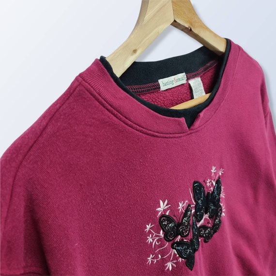Butterfly Floral Embroidery Print Sweatshirt, Vin… - image 6
