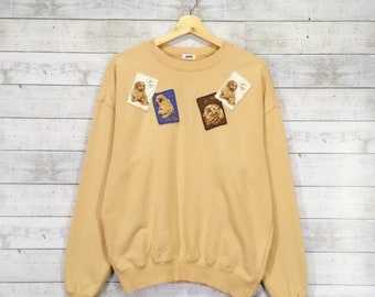 Jun Men Dog Lovers Sweatshirt Vintage Jun Men Dog Picture Patchwork Streetwear Crewneck Jumper Pullover Lite Brown Size Large