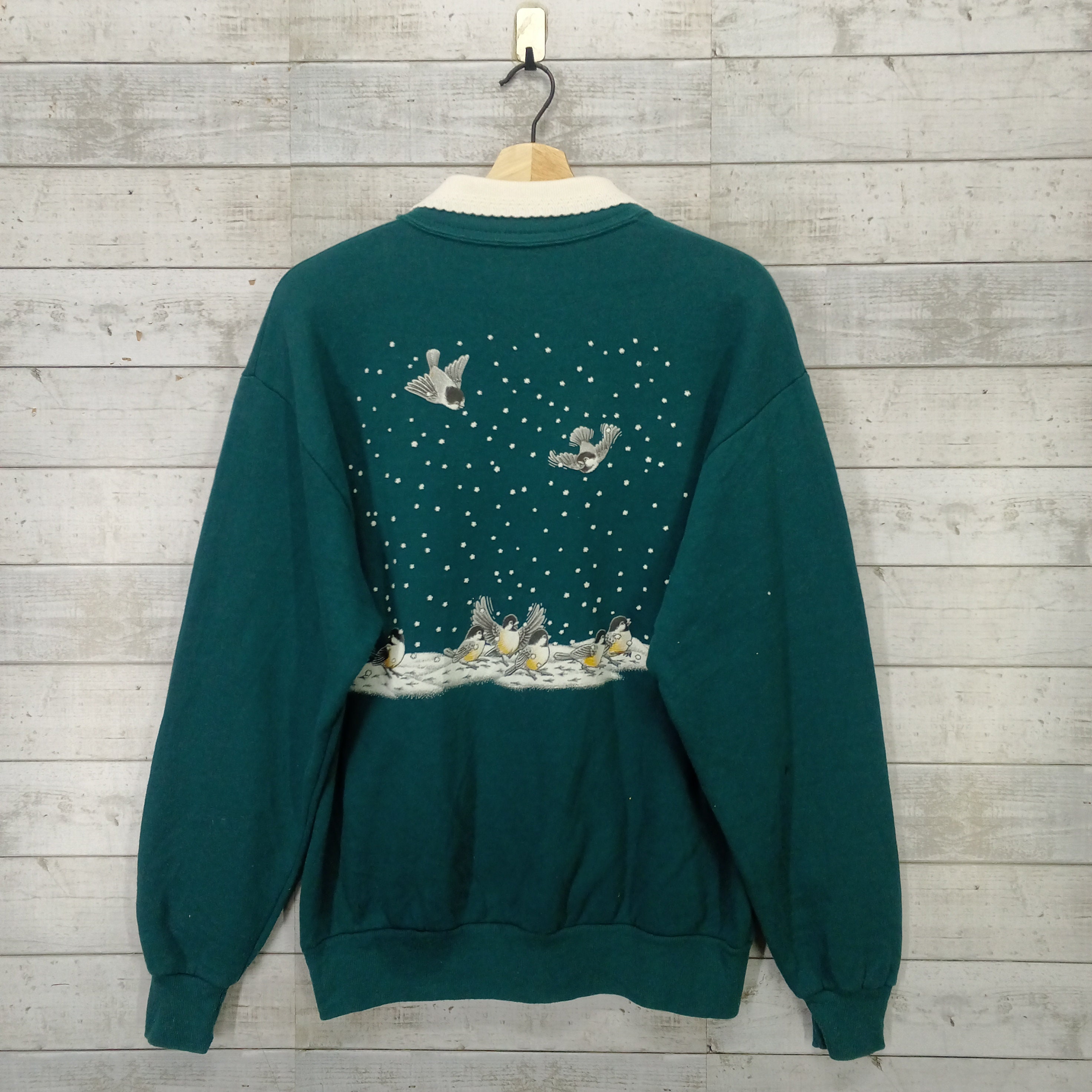 90s Puffy Birds Sweatshirt Vintage Morning Sun Collar Neck Sweater Green Jumper Size M Etsy