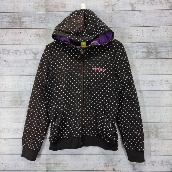 ADIDAS POLKADOT Sudadera / Suéter Y2K Vintage Fullzip Para Mujer Lunares Blancos y Negros Talla M