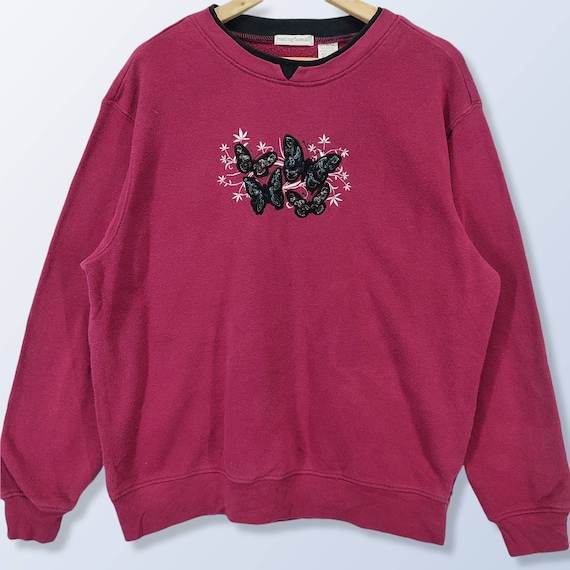 Butterfly Floral Embroidery Print Sweatshirt, Vin… - image 2