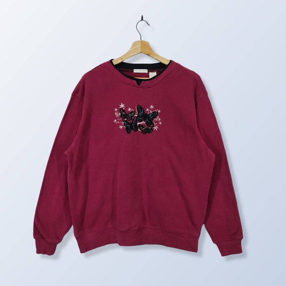 Butterfly Floral Embroidery Print Sweatshirt, Vin… - image 1