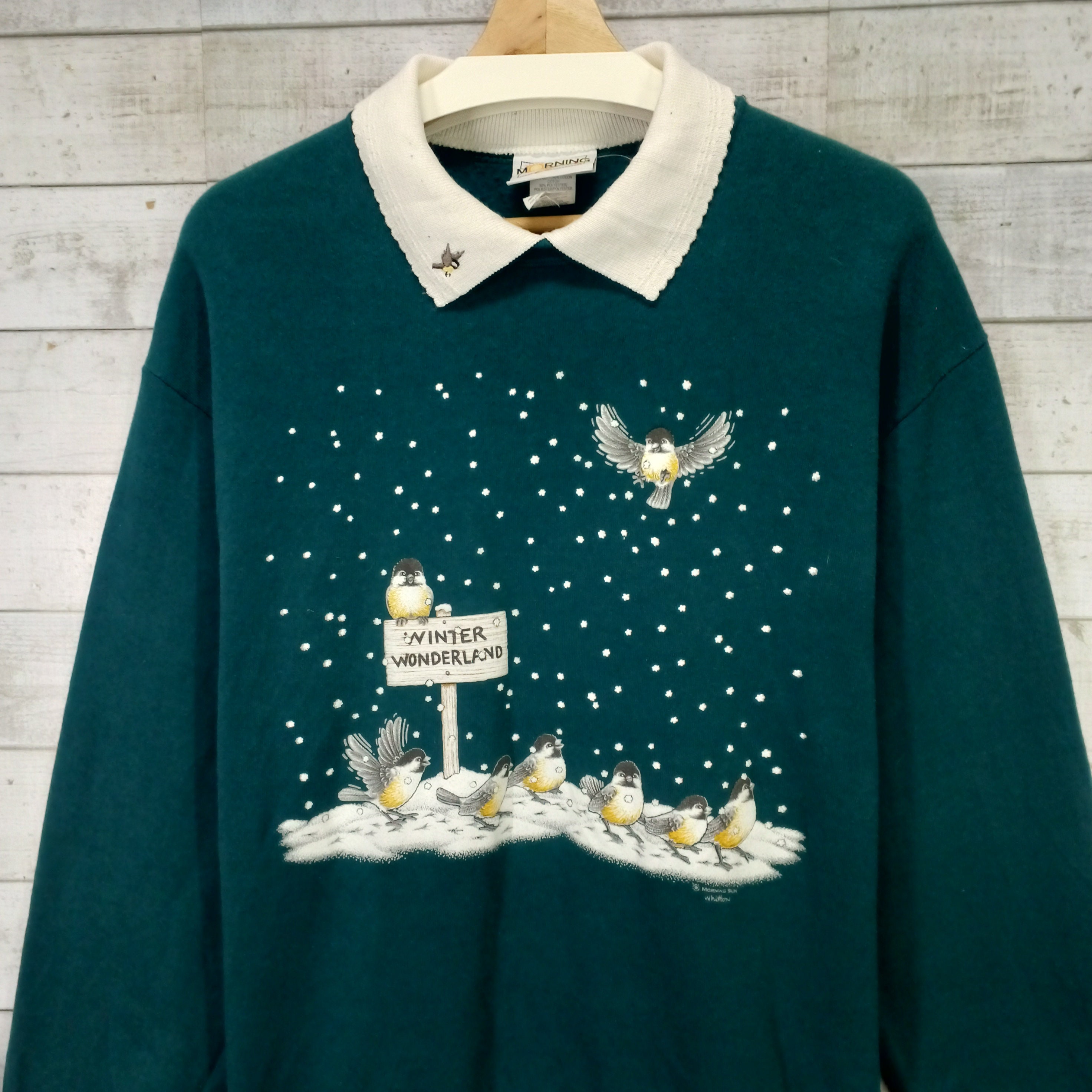 90s Puffy Birds Sweatshirt, Vintage Morning Sun Collar Neck 