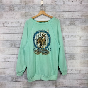 VINTAGE 80&#39;s Schomburgk&#39;s Deer Animal Print Pulôver Moletom Vintage Camisola Anos 1986 Raglan Streetwear Crewneck Verde Tamanho Médio