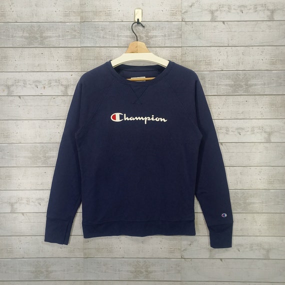 Champion Spell Out Ragland Sweatshirt Vintage Crewneck Casual Brand Sweater Navy Blue Jumper Size M Etsy