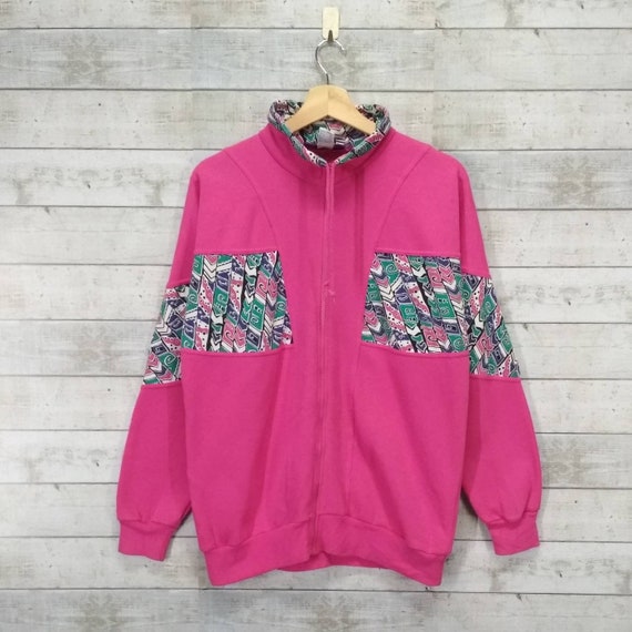 Vintage Pink Sweater By Mariah Colour Blok Sweater Full Zip Abstract Unique Art Vintage Sweater Pink Women Size Large View 2