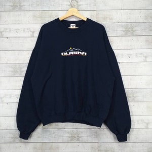 AlASKA Sweatshirt Alaska  The Last Frontier Streetwear  Vintage Alaska Embossed Logo Crewneck Jumper Pullover Navy Blue Mens Size Xtra Large