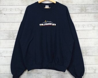AlASKA Sweatshirt Alaska  The Last Frontier Streetwear  Vintage Alaska Embossed Logo Crewneck Jumper Pullover Navy Blue Mens Size Xtra Large