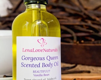 Può includere: Una bottiglia di vetro trasparente con un contagocce riempita di liquido giallo. La bottiglia ha un'etichetta bianca con il testo "LenaLove Naturals Gorgeous Queen Scented Body Oil BEAUTIFUL!!! Vanilla Bean Sweet almond oil, Jojoba oil, Grapeseed oil, Sunflower oil, Argan Oil, Vitamin E, Scented oil WWW.LENALOVENATURALS.COM".