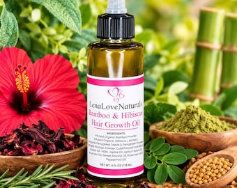 May include: A clear plastic bottle of LenaLoveNaturals Bamboo & Hibiscus Hair Growth Oil with a black cap and clear nozzle. The white label features pink borders and text listing ingredients and a net weight of 4 FL OZ (118 ML).