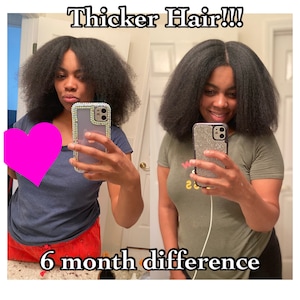 May include: Two photos of a person with thick, curly hair. The first photo shows the person's hair before a treatment, and the second photo shows the person's hair after a treatment. The text "Thicker Hair!!!" is at the top of the image. The text "6 month difference" is at the bottom of the image.