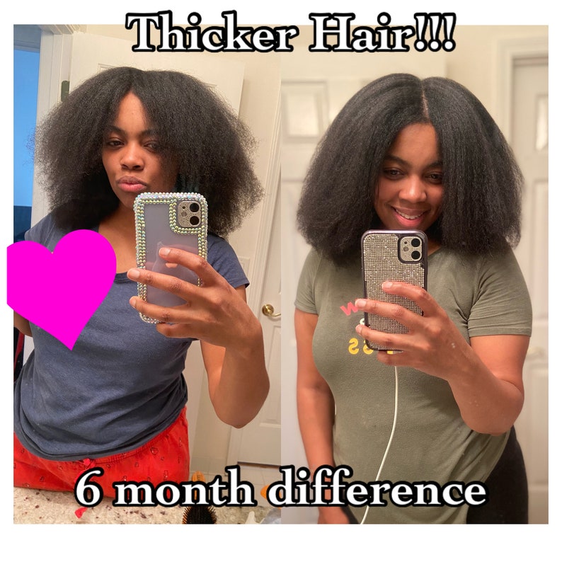 May include: Two photos of a person with thick, curly hair. The first photo shows the person's hair before a treatment, and the second photo shows the person's hair after a treatment. The text "Thicker Hair!!!" is at the top of the image. The text "6 month difference" is at the bottom of the image.