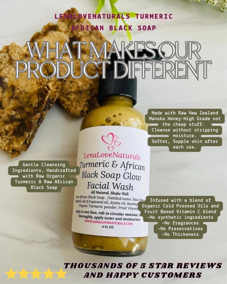 Turmeric Soap Face Wash + African Black Soap Made with Organic Turmeric, Manuka Honey Soap, Facial Cleanser, Natural Face Wash, Skin Care image 2