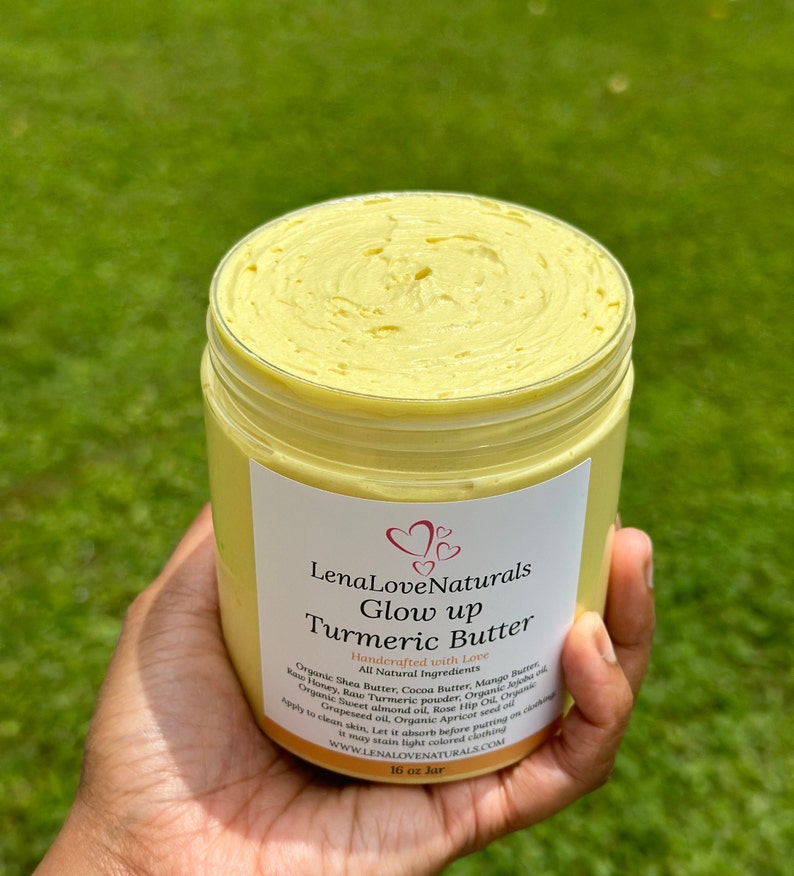 Whipped Turmeric Body Butter made with rich natural butters and turmeric, designed to moisturize and soften dry skin for a smooth, glowing appearance.
