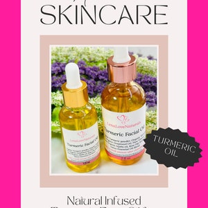 Puede incluir: Dos botellas de vidrio &aacute;mbar con tapas doradas y etiquetas que dicen "LenaLoveNaturals Turmeric Facial Oil". Las botellas est&aacute;n sobre un fondo de flores moradas. La botella m&aacute;s grande es de 2 fl oz y la m&aacute;s peque&ntilde;a de 1 fl oz. Un c&iacute;rculo blanco con texto negro dice "TURMERIC OIL".