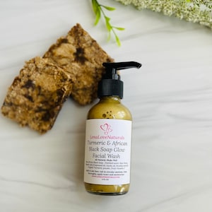 May include: A 4 fl oz bottle of LenaLove Naturals Turmeric & African Black Soap Glow Facial Wash. The bottle is gold with a black pump top and a white label with pink hearts. The label reads "LenaLove Naturals Turmeric & African Black Soap Glow Facial Wash All Natural, Shake Well"