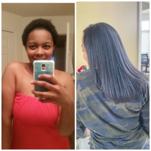 May include: A side-by-side comparison of a person's hair before and after a hair straightening treatment. The person's hair is naturally curly and appears to be much longer and straighter after the treatment.