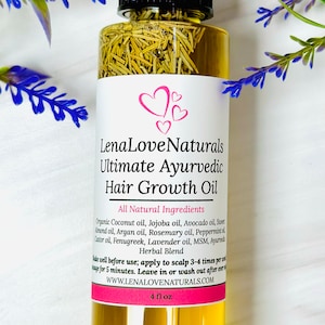 May include: A 4-ounce bottle of LenaLoveNaturals Ultimate Ayurvedic Hair Growth Oil. The bottle is clear glass and contains a yellow liquid. The label is white with pink accents and lists all-natural ingredients, including coconut oil, jojoba oil, avocado oil, sweet almond oil, argan oil, rosemary oil, peppermint oil, castor oil, fenugreek, lavender oil, MSM, and ayurvedic herbal blend.