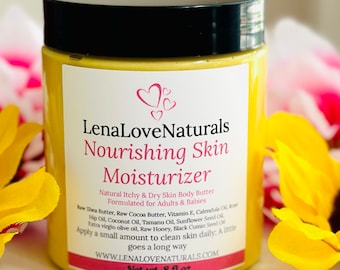 May include: A yellow jar of LenaLoveNaturals Nourishing Skin Moisturizer. The jar is labeled with the product name, ingredients, and website. The jar is 8 fluid ounces.