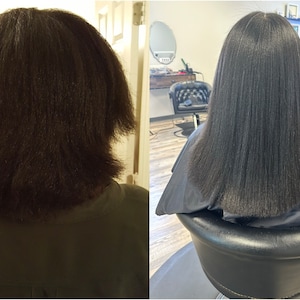 May include: Before and after photos showing a person's hair transformation. The first photo shows the hair in its natural state, which is curly and textured. The second photo shows the hair after it has been straightened, resulting in a sleek and smooth look.