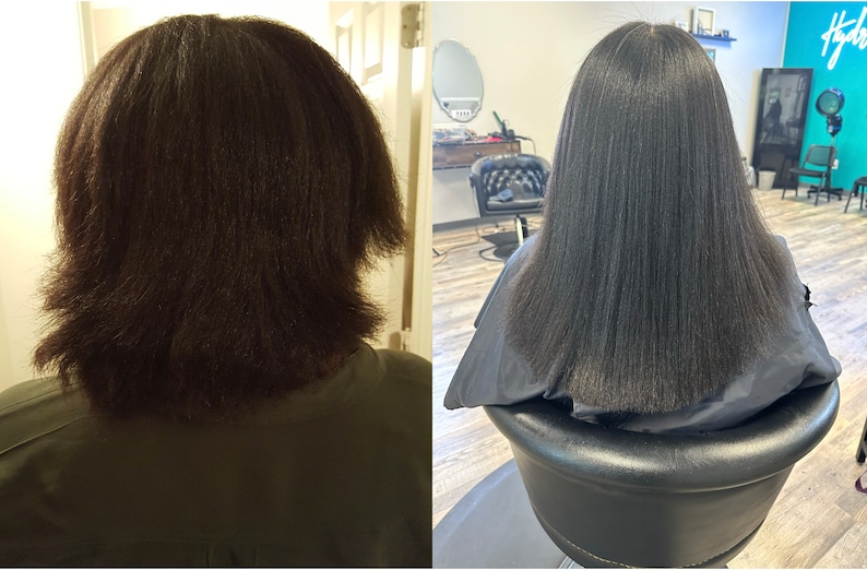 May include: Before and after photos showing a person's hair transformation. The first photo shows the hair in its natural state, which is curly and textured. The second photo shows the hair after it has been straightened, resulting in a sleek and smooth look.