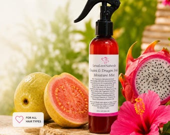 May include: A clear amber bottle of LenaLove Naturals Guava & Dragon Fruit Moisture Mist with a black spray nozzle. The label lists ingredients and states 8 FL OZ | 236 ML. A whole guava, a halved guava, a dragon fruit, and a pink hibiscus flower.