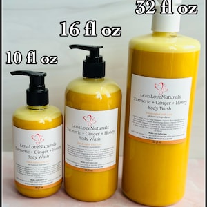 May include: Three bottles of turmeric, ginger, and honey body wash in different sizes: 10 fl oz, 16 fl oz, and 32 fl oz. The bottles are yellow and have a white label with the brand name "LenaLoveNaturals" and the product name "Turmeric + Ginger + Honey Body Wash".