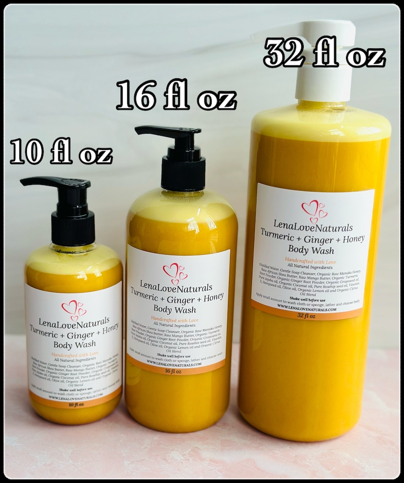 May include: Three bottles of turmeric, ginger, and honey body wash in different sizes: 10 fl oz, 16 fl oz, and 32 fl oz. The bottles are yellow and have a white label with the brand name "LenaLoveNaturals" and the product name "Turmeric + Ginger + Honey Body Wash".