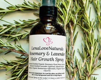 May include: A brown glass bottle with a black spray nozzle and a white label. The label reads "LenaLove Naturals Rosemary & Lavender Hair Growth Spray". The bottle is surrounded by green rosemary sprigs.
