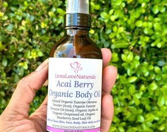 Olio per il corpo biologico, idratante per la pelle con bacche di acai, fatto a mano, lussuoso