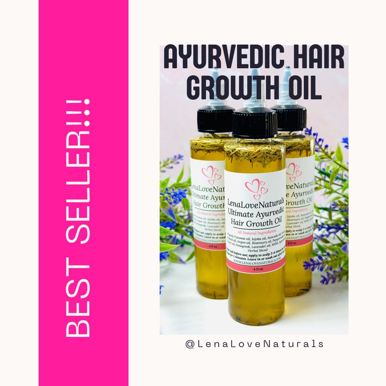 May include: Three amber glass bottles of Ayurvedic hair growth oil with black caps and labels. The label on the center bottle reads "LenaLoveNaturals Ultimate Ayurvedic Hair Growth Oil". The bottles are on a white surface with purple flowers in the background.