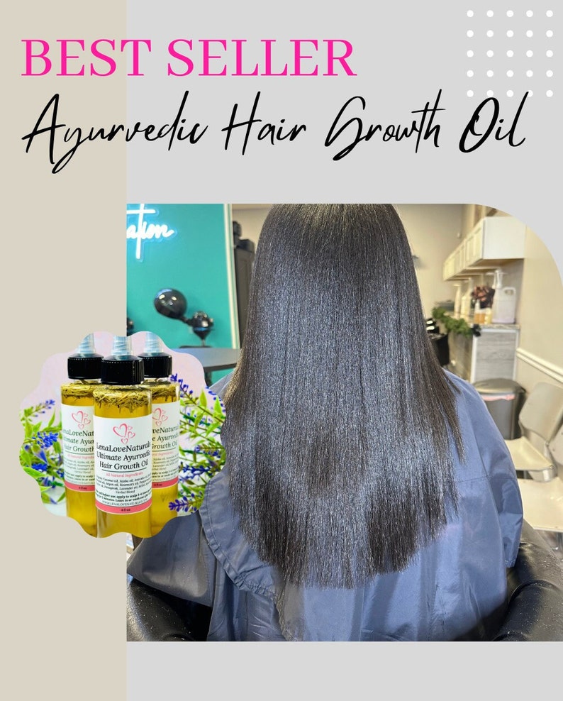 Puede incluir: Tres botellas de aceite para el crecimiento del cabello ayurv&eacute;dico definitivo LenaLoveNatural. Las botellas son de vidrio transparente con una etiqueta marr&oacute;n y un logotipo en forma de coraz&oacute;n. Las botellas est&aacute;n sobre una mesa frente a una mujer con el pelo largo y liso negro.