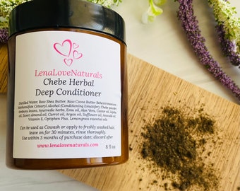 May include: A brown jar of LenaLoveNaturals Chebe Herbal Deep Conditioner, with a black lid and a white label. The label lists ingredients and usage instructions. The jar is on a wooden cutting board, with a pile of dark powder and floral accents.