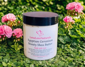 Manteca corporal batida de karité con geranio y rosa egipcios / Manteca corporal de pétalos de rosa / Cuidado natural de la piel / Hidratantes con ingredientes orgánicos