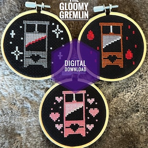 May include: Three embroidery hoop art pieces with a black background and a red, orange, and pink guillotine design. The text "THE GLOOMY GREMLIN" is above the hoops and "DIGITAL DOWNLOAD" is below the hoops.