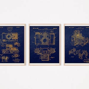 Photographer Gift, Gold Foil Vintage Camera Art Set of 3, Camera Patent 19th Century, Instant Download