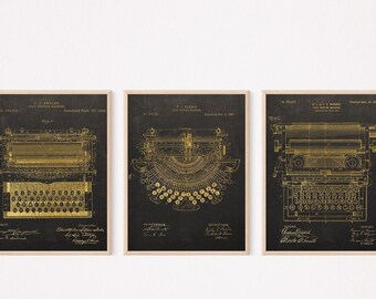 Juego de 3 carteles de máquina de escribir antigua, dibujo artístico de patente 1896-1899, regalo de Navidad para autores