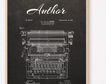 Patente de arte de máquina de escribir antigua 1899, regalo de futuros autores, regalo de periodistas, arte de pared de máquina de escribir