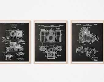 Regalo de fotógrafo, conjunto de arte de cámara vintage de 3, patente de cámara del siglo XIX, descarga instantánea