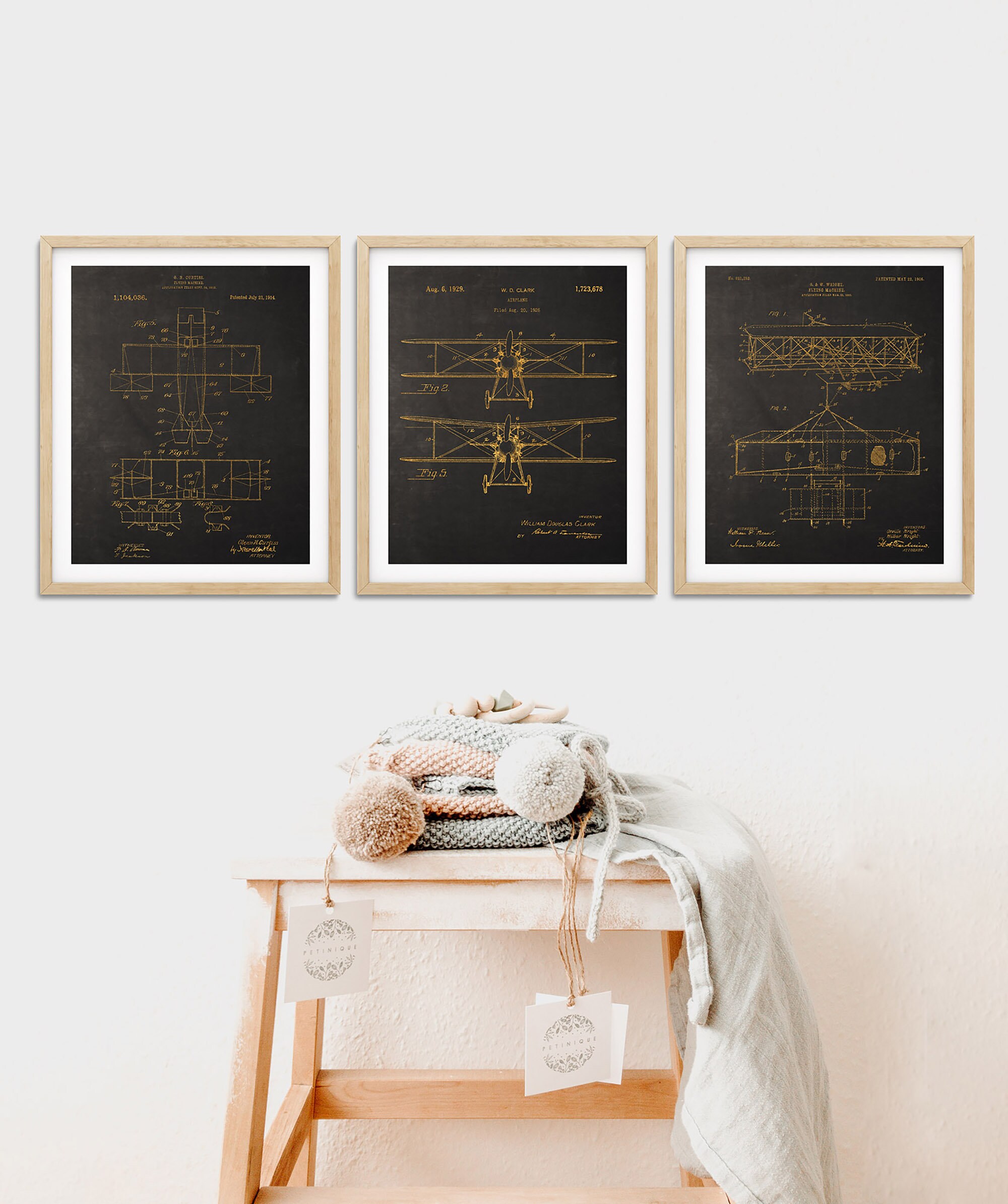 Airplane Patent Blueprints 1906-1926, Aviation Decor Wall Art Set of 3 ...