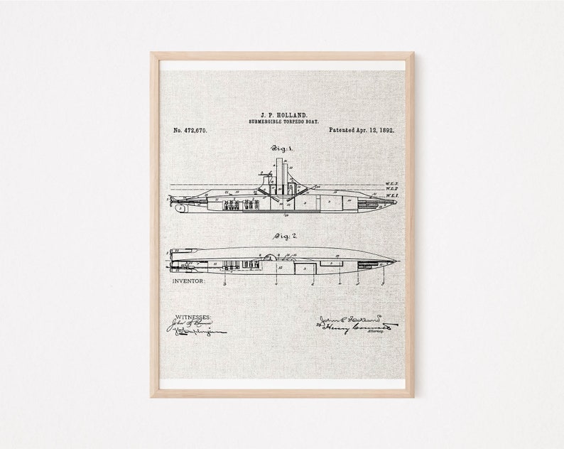 Navy Retirement Gift Idea, Submarine Vintage Patent Blueprint 1892 ...