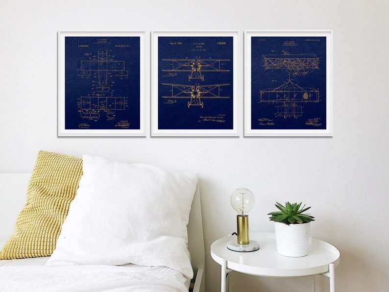 Airplane Patent Blueprints 1906-1926, Aviation Decor Wall Art Set of 3 ...