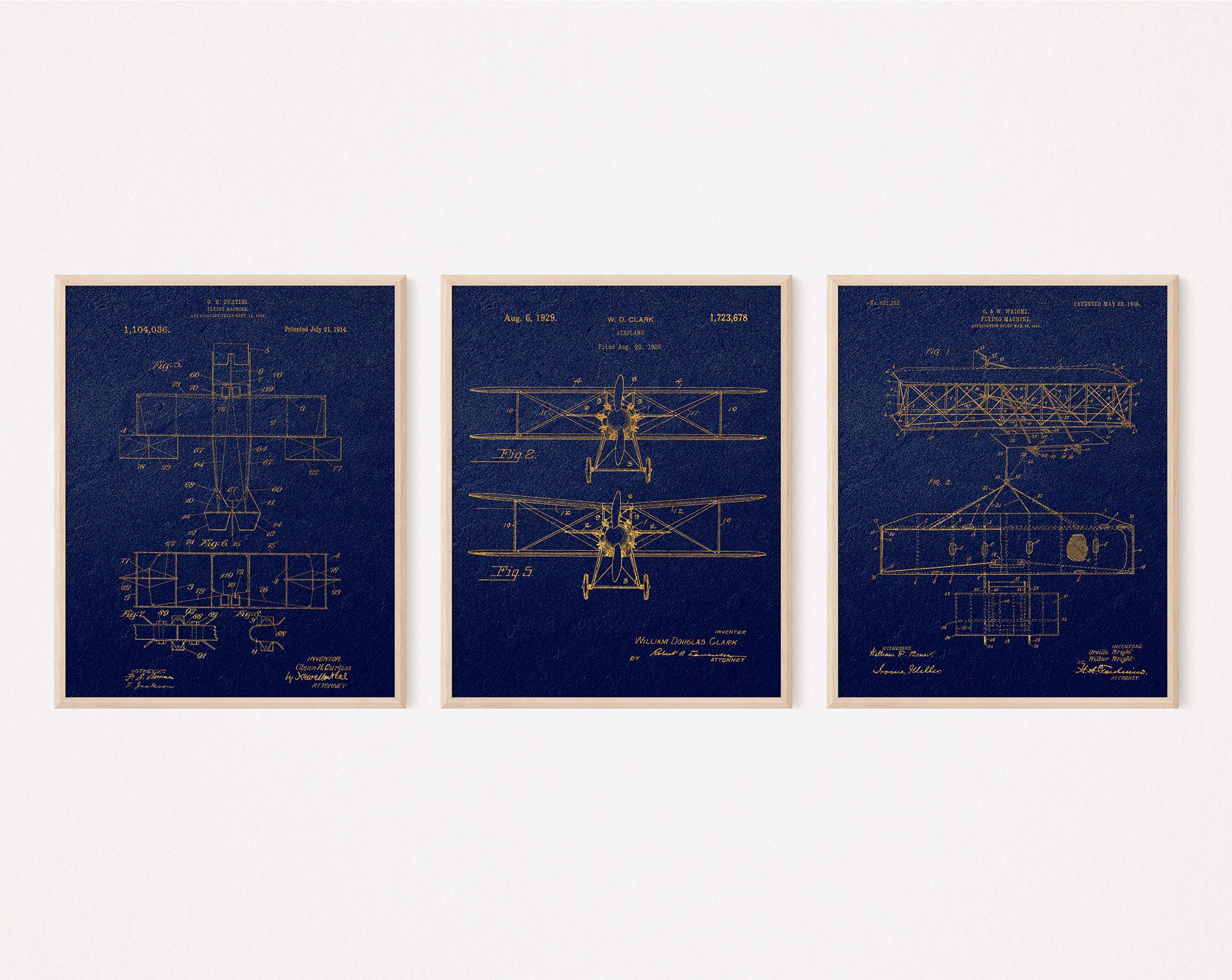 Airplane Patent Blueprints 1906-1926, Aviation Decor Wall Art Set of 3 ...
