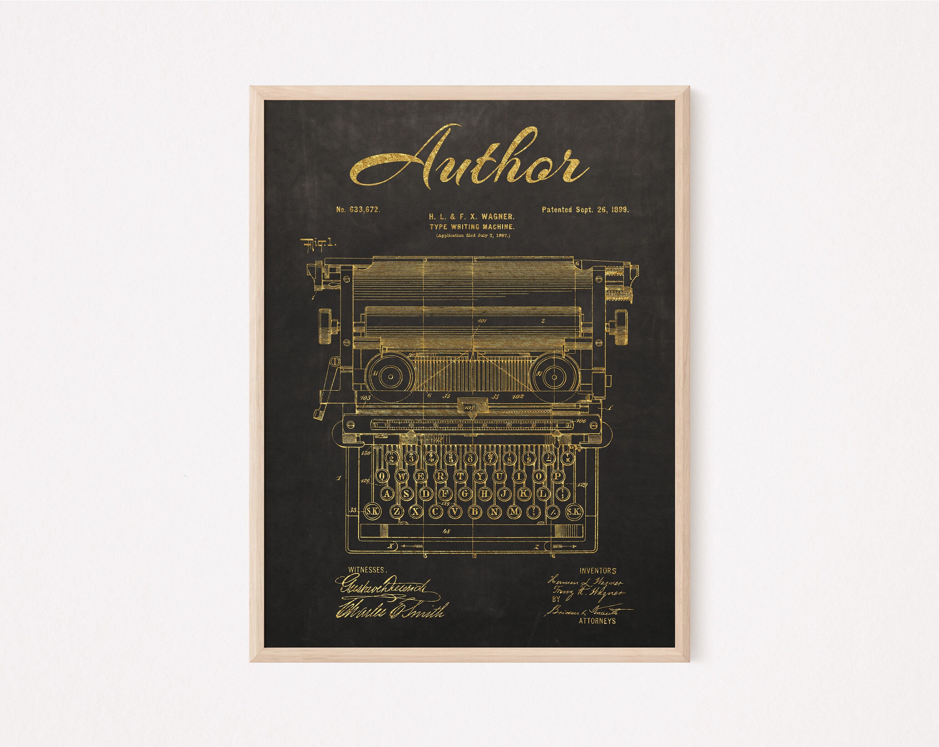 Cartel de máquina de escribir vintage, plano de patente 1899, máquina de escribir antigua imprimible