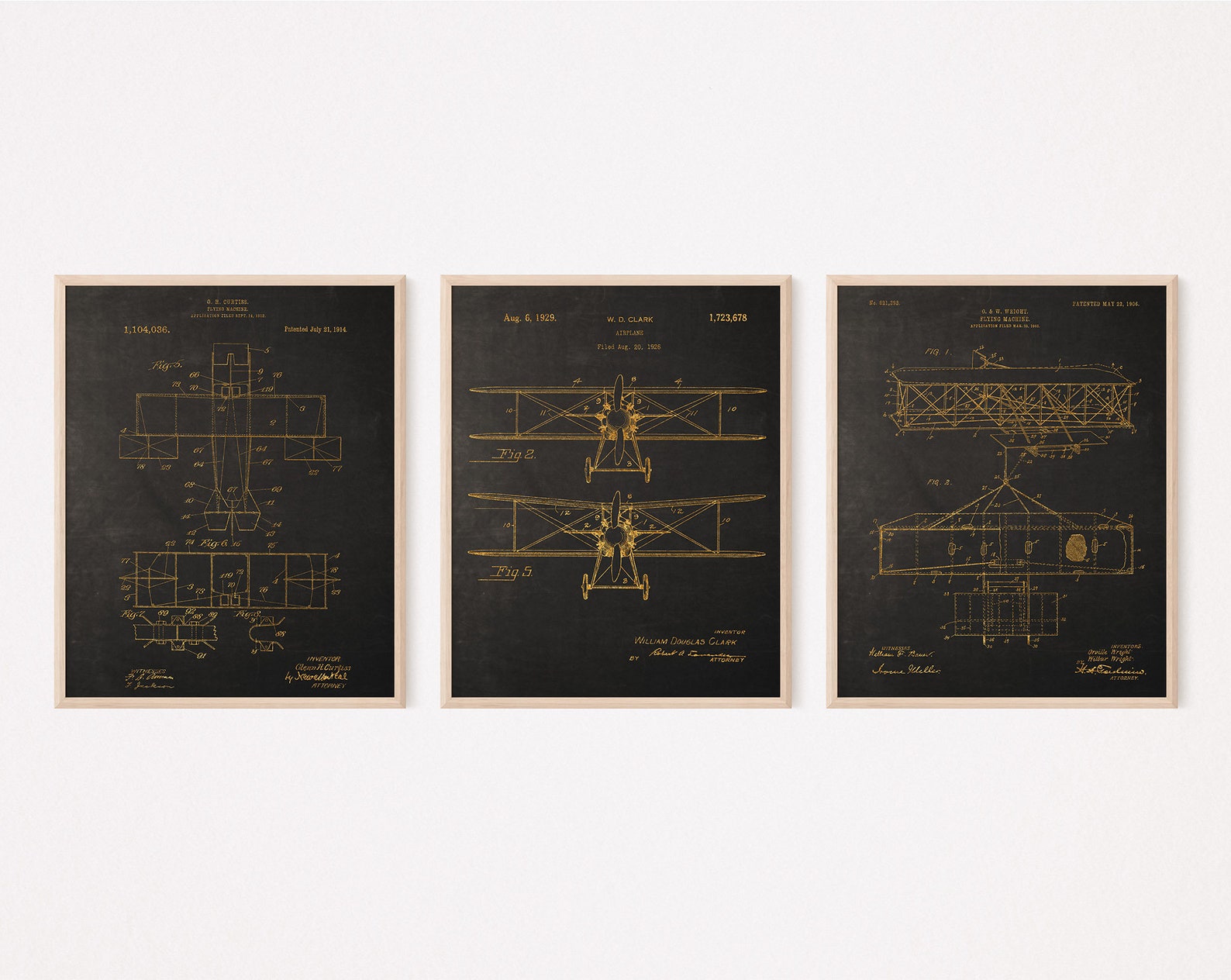 Airplane Patent Blueprints 1906-1926, Aviation Decor Wall Art Set of 3 ...
