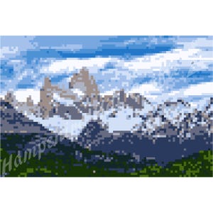 May include: Pixelated mountain landscape with snow-capped peaks under a blue sky with white clouds. The image has a digital art style, with a green and dark blue foreground.