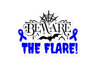 Blue Ribbon Beware the Flare Bubble-free stickers, Addisons Disease, CFS Stickers, Myalgic Encephalomyelitis, Spoonie Sticker