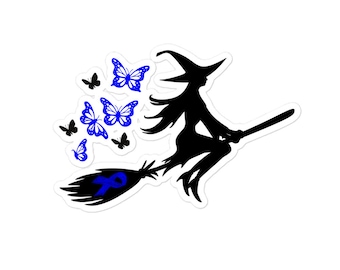 Blue Ribbon Witch Halloween Bubble-free stickers, Addison’s Disease Sticker, Myalgic Encephalomyelitis Sticker, CFS Sticker, Colon Cancer